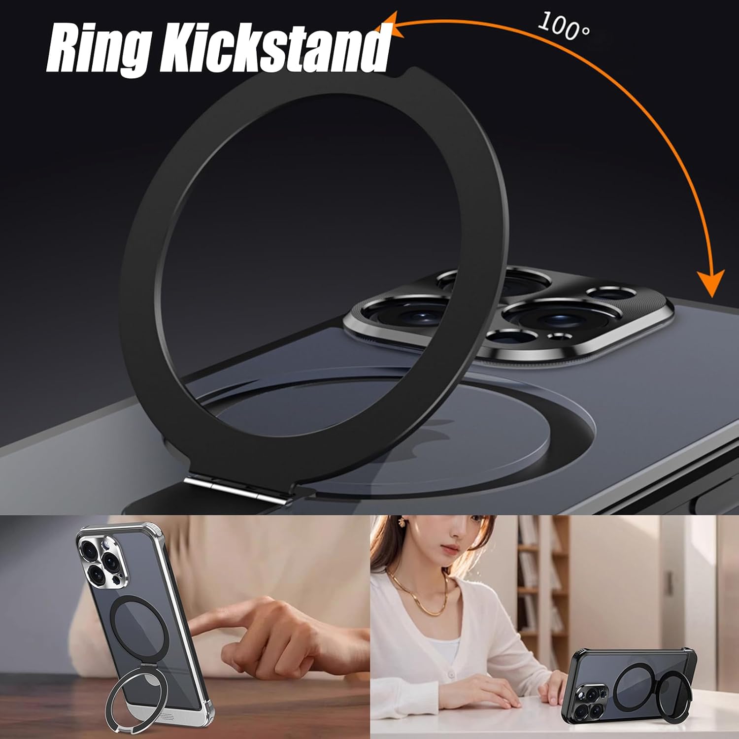 Image illustrating the 100-degree rotation of the ring kickstand and its use for hands-free viewing