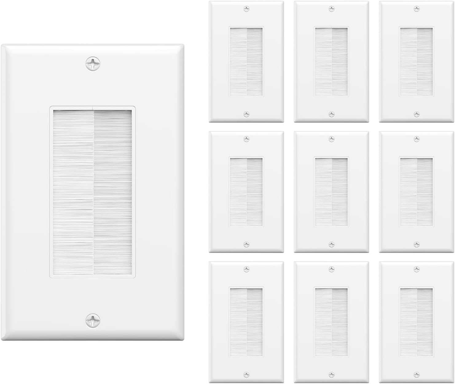 Brush Wall Plate 10-Pack, Cable Pass Through Insert for Wires, Single Gang Cable Access Strap, Wall Socket for HDTV, HDMI, Home Theater Systems, White