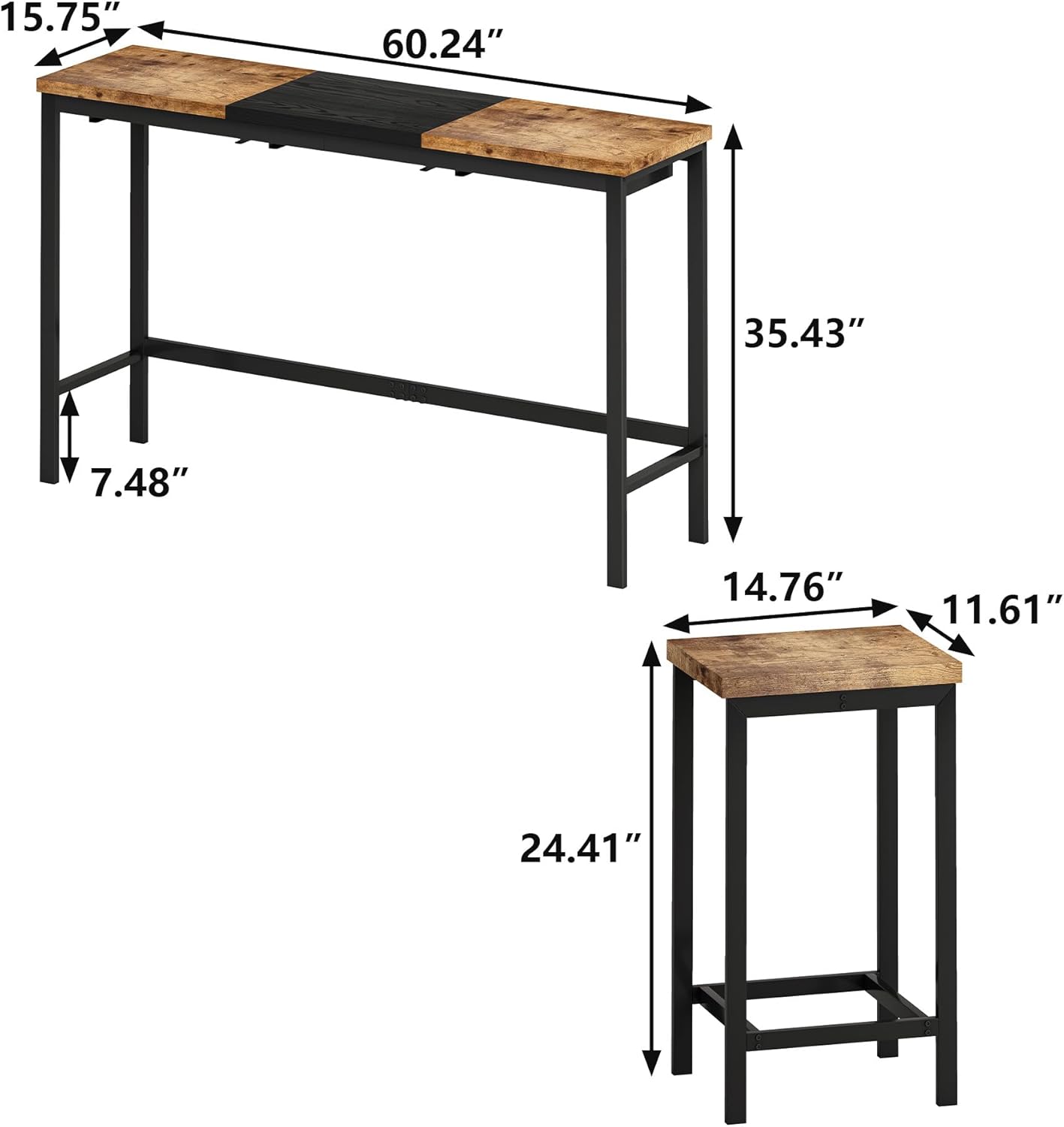 Modern Design Kitchen Dining Table, Pub Table, Long Dining Table Set with 3 Stools, Convenient Hanging Stool Design, Natural+Black