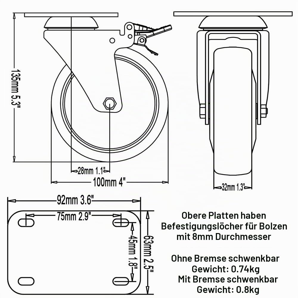 4 x Heavy Duty doppelt Kugellager gebremste Lenkrolle 100 mm Gummi Rad Trolley Caster 700 kg gratis Armatur (100mm (4'') - 4 x Brakes)