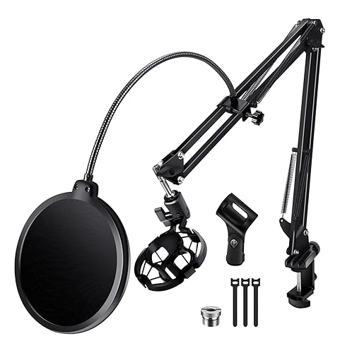 BILIONE Support de microphone pour Blue Yeti QuadCast S SoloCast Snowball AM8 et autres micros, avec support anti-chocs, clip de fixation pour micro, attaches de câble, diffusion et enregistrement - Boom arm