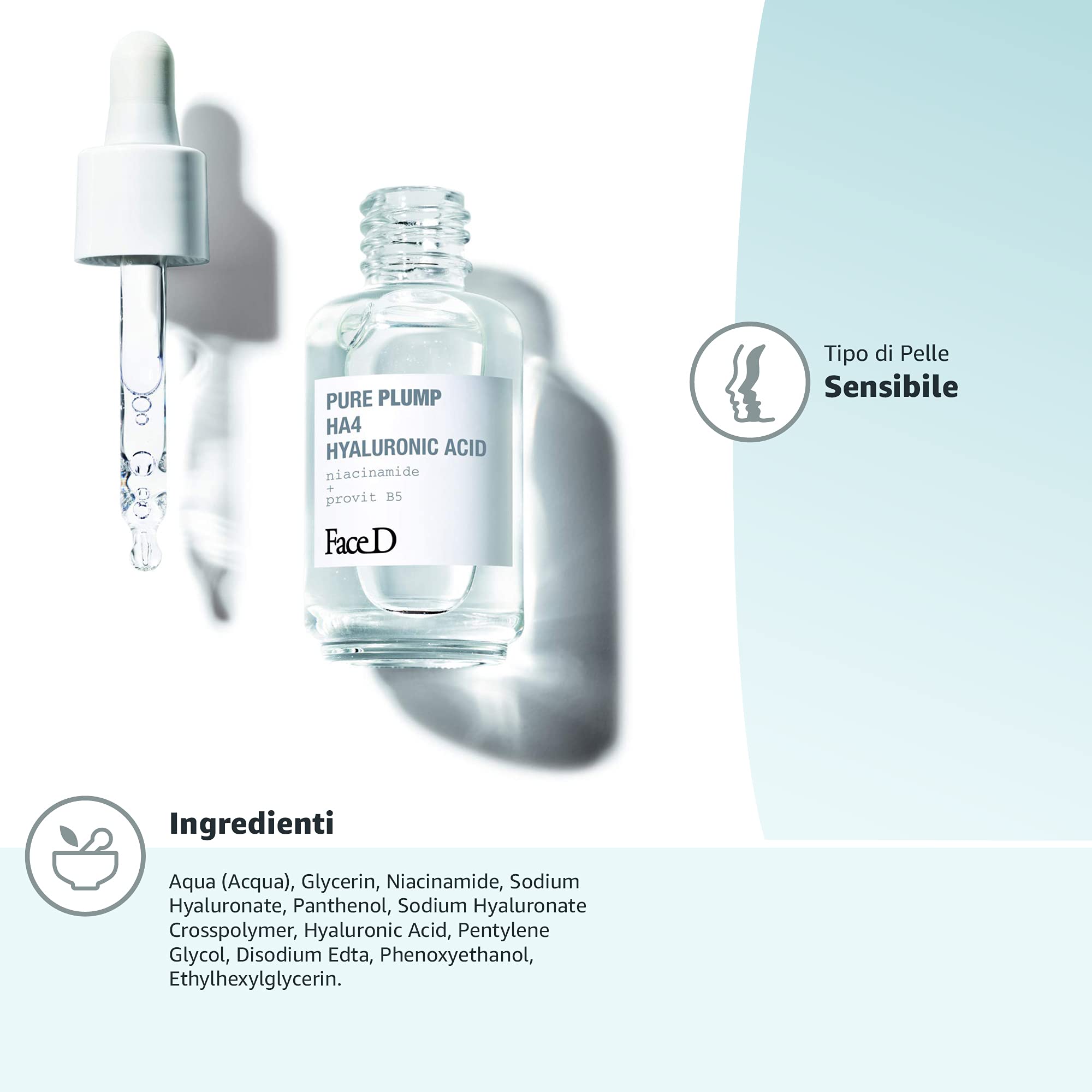Face D - Pure Plump Siero Viso e Collo Acido Ialuronico Effetto Rimpolpante Immediato, 30 ml