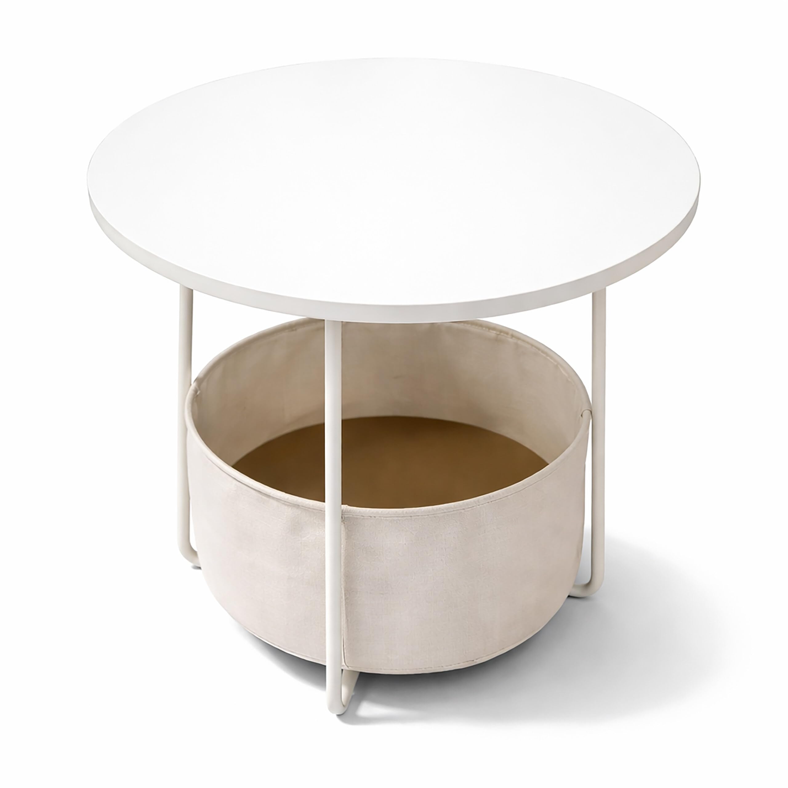 Relaxdays Mesa Auxiliar Redonda con Cesta de Tela, MDF y Metal, Beige-Crema, 50 x 45 cm