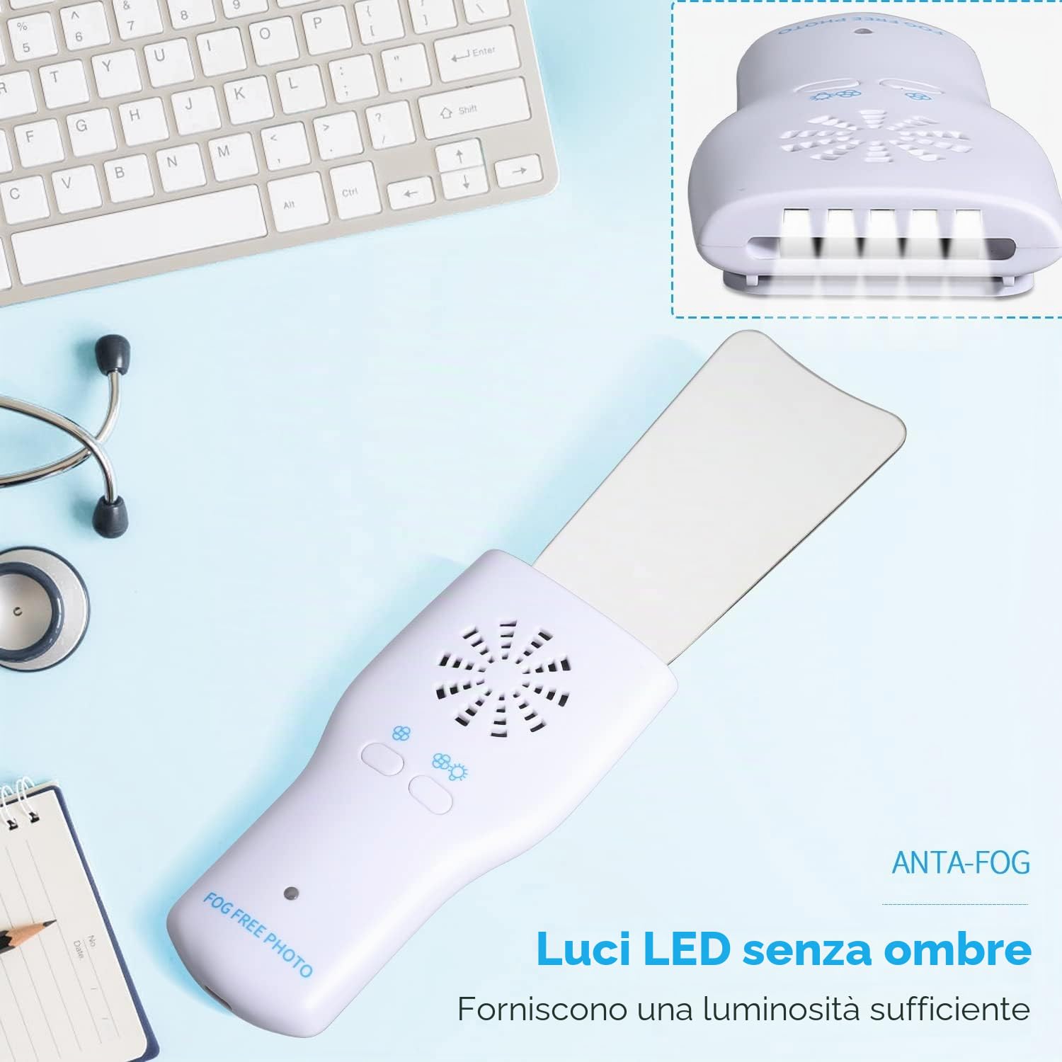 Specchi per fotografia dentale, anti-appannamento, riflettore per ortodonzia dentale, per ispezione dei denti, con LED, caricabatterie e ventilatore wireless con 4 specchi intercambiabili