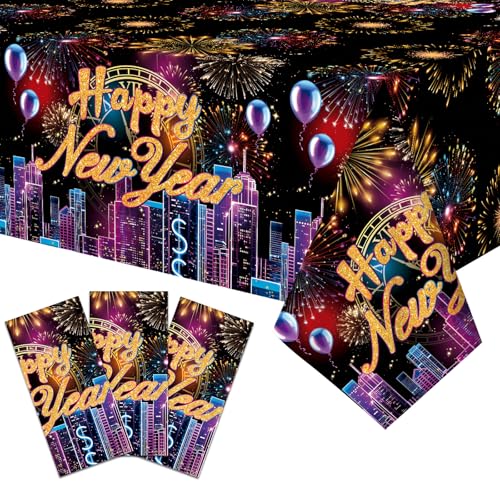 Image of Gistome 3-Piece 54 x 108 Inch Happy New Year Plastic Tablecloth - Fireworks and City Skyline Disposable Table Covers for New Year's Eve Parties, Countdown Celebrations, and Holiday Decorations