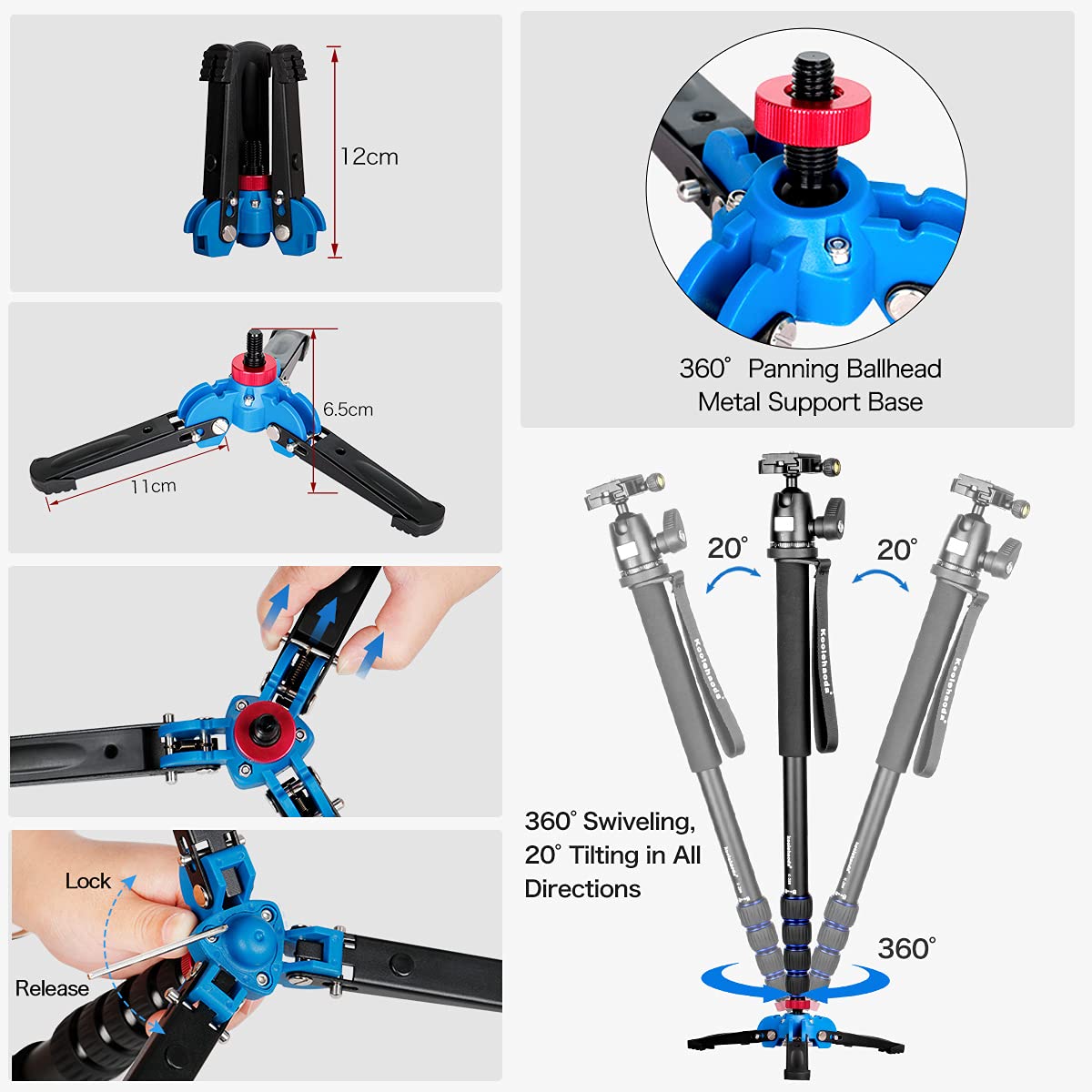 Koolehaoda camera alluminio monopiede con tre piedi base supporto & k-09 Ballhead per fotocamere DSLR Canon Nikon. esteso max altezza: 175,3 cm.