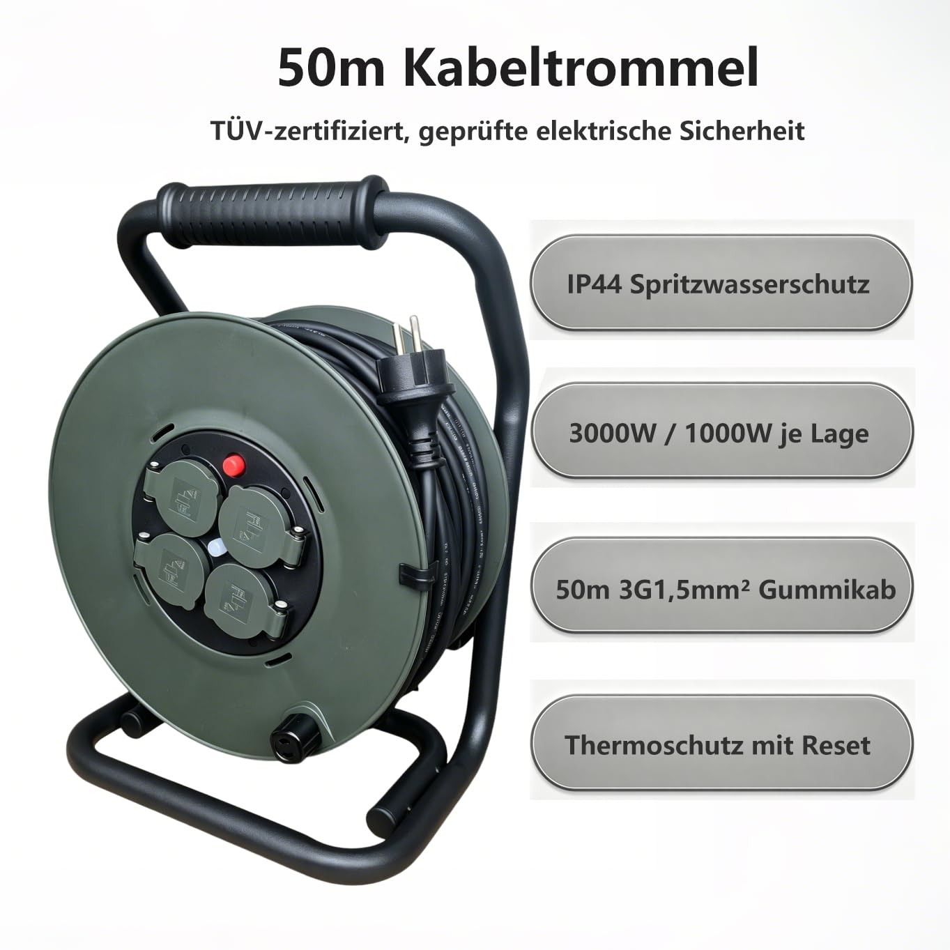 Outdoor Kabeltrommel 50m IP44 mit Schalter