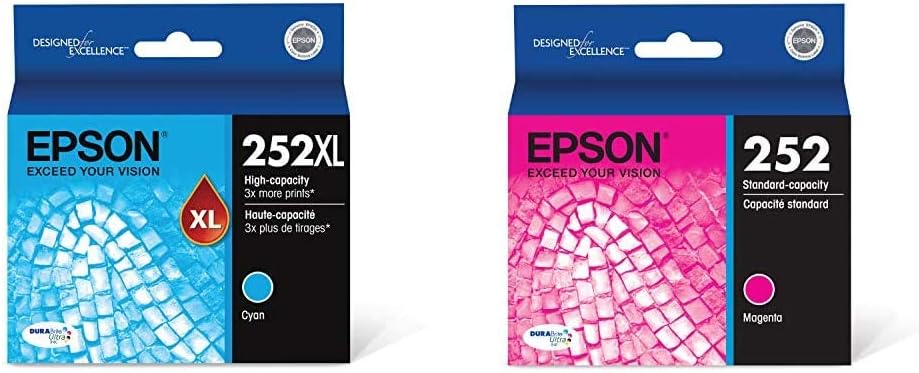 Epson T252XL220 252XL Workforce WF-3620 3640 7110 7210 7610 7620 7710 7720 Ink Cartridge (Cyan) in Retail Packaging & T252320 DURABrite Ultra Magenta Standard Capacity Cartridge Ink