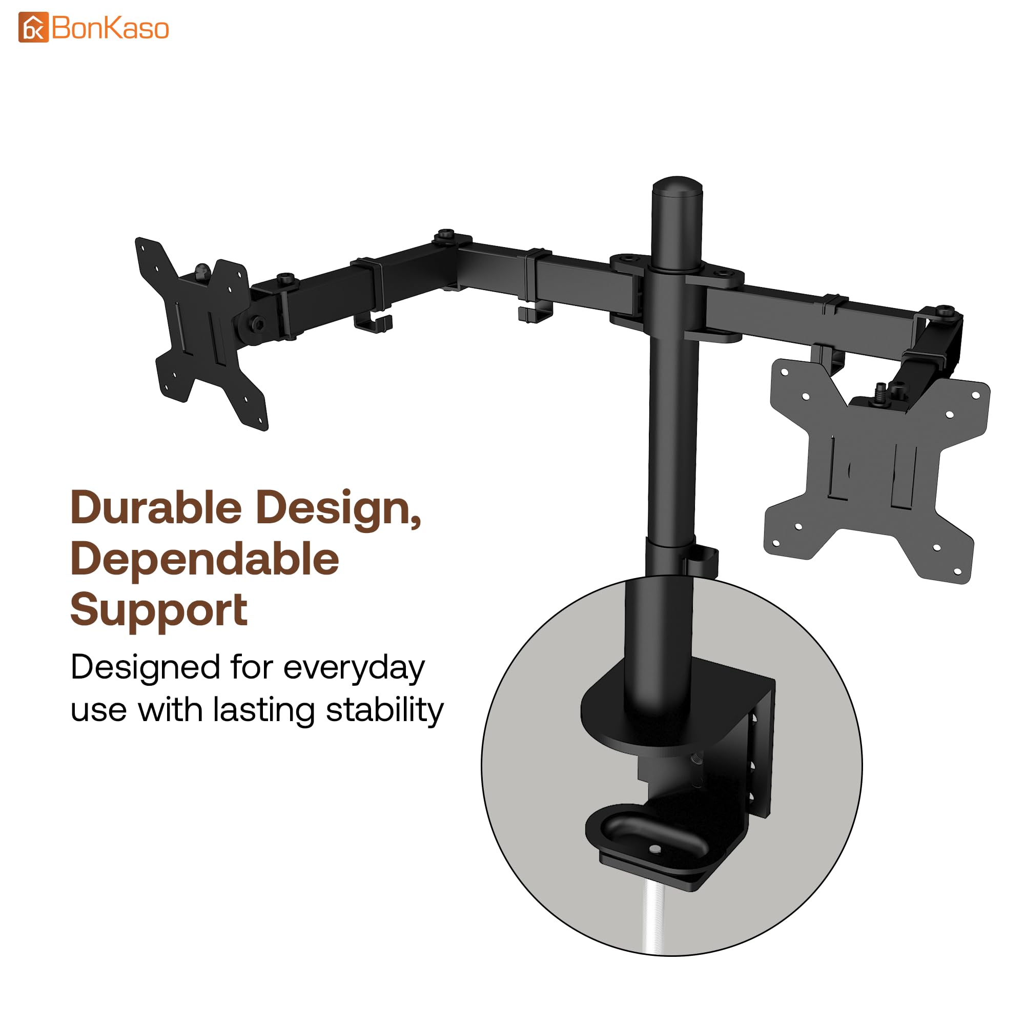 BonKaso Dual Monitor Stand for Desk | Height Adjustable Alloy Steel Arm Mount for 13”–27” Screens | 360° Rotation, Tilt & Swivel, Cable Management, Space-Saving Dual Arm Monitor Mount (Black & White) — Amazon image 5