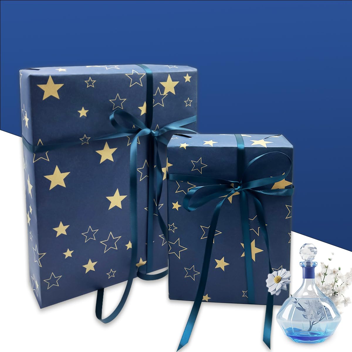 Carta da regalo di grandi dimensioni: rotolo di carta da regalo natalizia in carta kraft blu con motivo a stella, carta riciclabile, 95 cm x 12 m