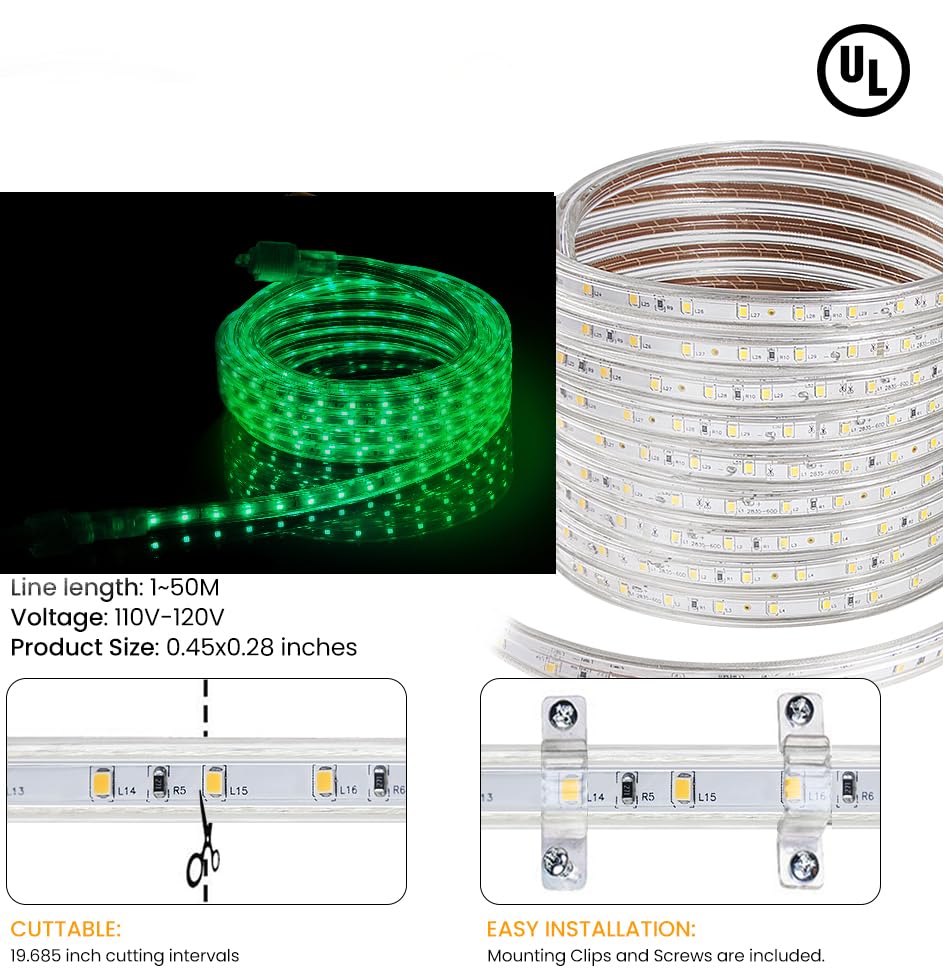 CBconcept 25 FT Green 120V Custom Cut SMD3528 LED Light Strip Flexible, Durable, Ambient, Commercial Construction Contractor Preferred, DIY Projects, Built to Last