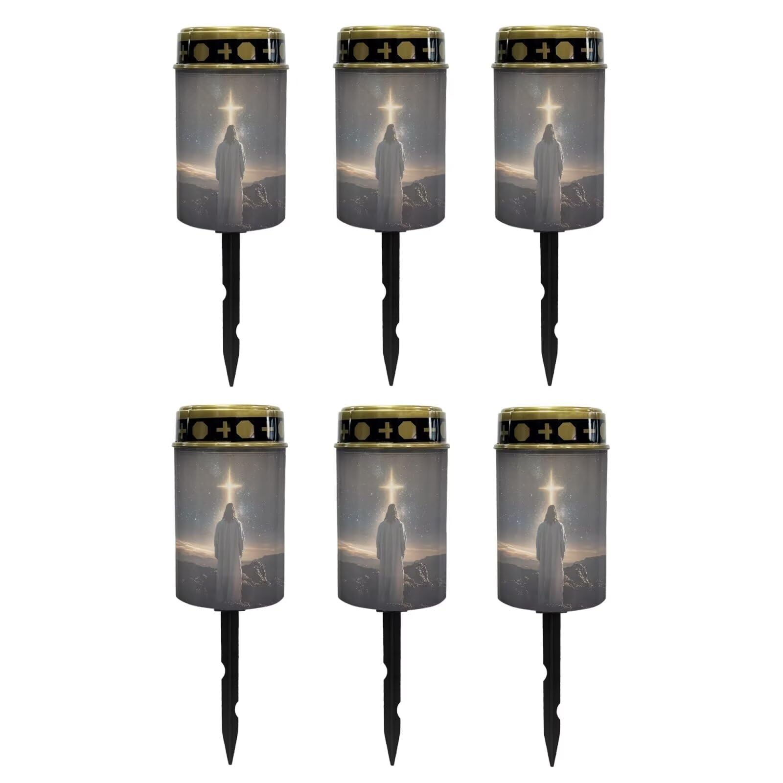 Poceacles 6 Pack Cross Outdoor Lights Solar Powered Flameless Candle Cemetery Votive Candles Waterproof Outdoor Memorial Candle Solar Stake Lights for Grave Cemetery, God Cross Galaxy Brown