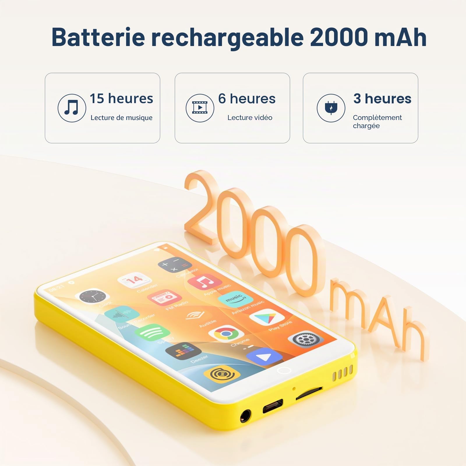 Lecteur MP3 avec Bluetooth et WiFi, Oilsky 80GB 4'' 1080P Lecteur MP4 à écran Tactile, Android 9.0, Lecteur MP3 Portable avec Spotify, Audible, Deezer (Jaune)