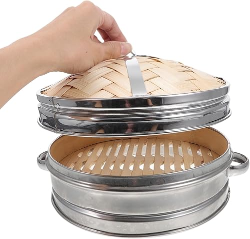Miniatura 2 de 1 juego de cesta de vapor de acero inoxidable con tapa, vaporizador de bambú de doble oreja para cocinar albóndigas, bollos y verduras, suministros