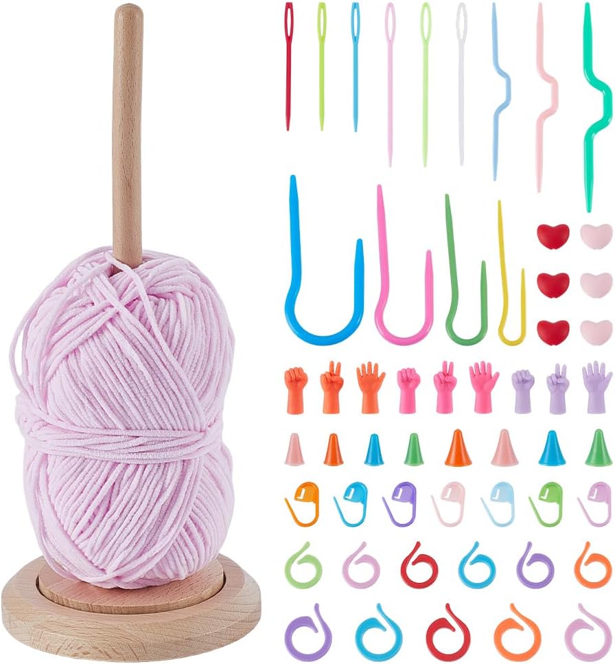 WADORN Yarn Holder for Crocheting, Wooden Thread Holder Easy Install and Operate Yarn Holder Set with 53 Pcs Colorful Stitch Markers Crochet Accessories Gift Pro Tools for Craft Enthusiasts