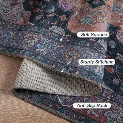 Image of Tangsoo 2x10 Washable Runner Rug for Hallways, Non Slip Vintage Runner Soft Low Pile Long Rug Runner, Print Distressed Navy /Mlulti Carpet Runners for Kitchen Bedroom Entryway Bathroom Living Room