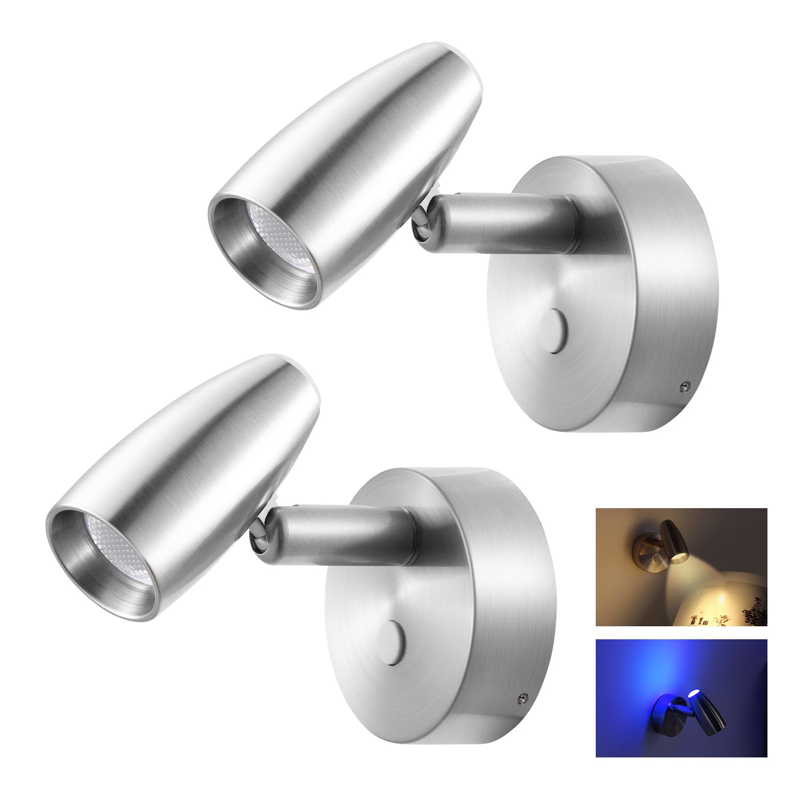 2 x Camper Lampade da Lettura LED 12V Dimmerabile Girevole Spot Barca Lampada da Parete da Comodino, Per Caravan Furgone Van, 24V DC con Caricatore USB & Luce notturna blu, Finitura nichel