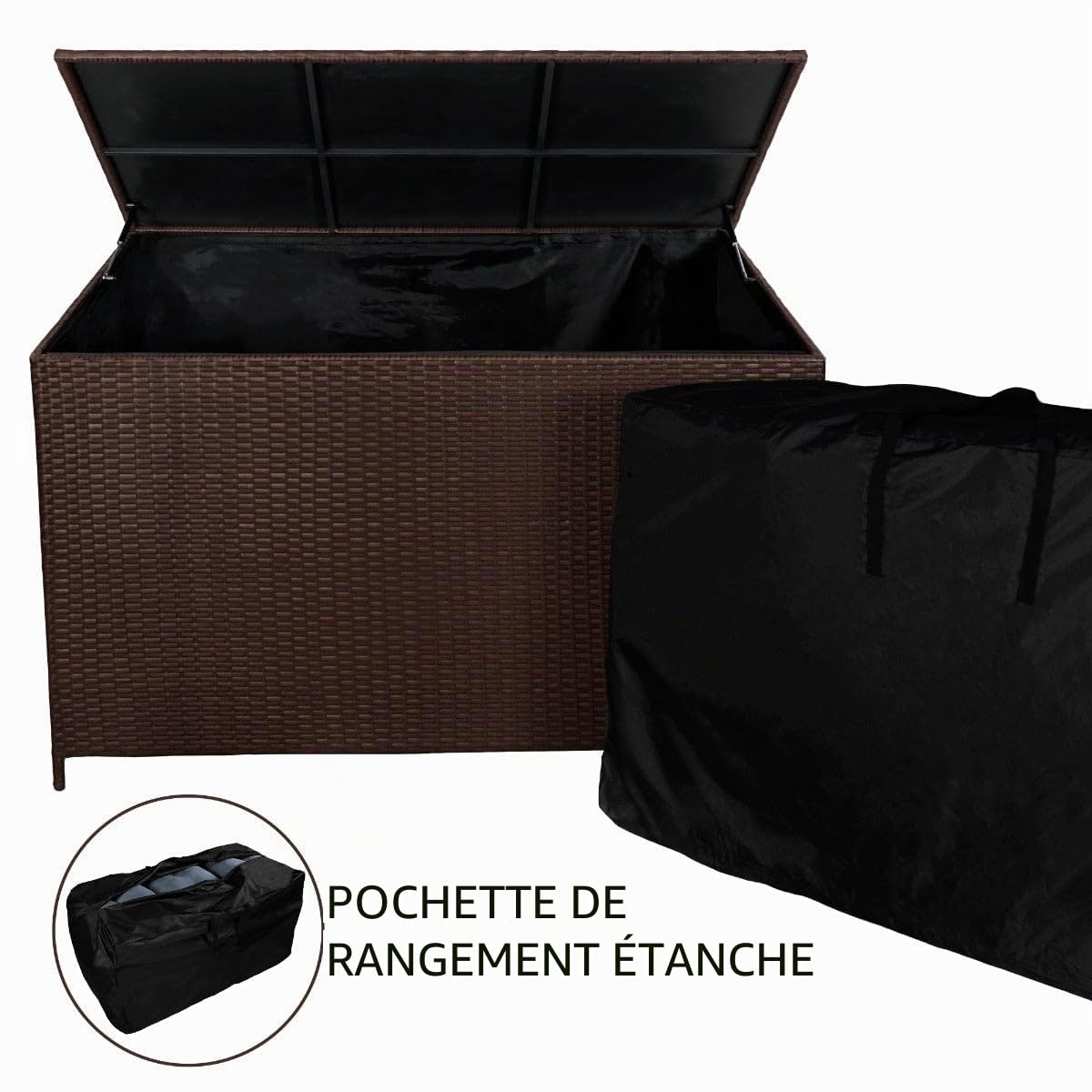 Coffre de Rangement Jardin Extérieur 586 L en Rotin Marron Résistant Aux Intempéries Doublure Zippée Rangement de Coussins Serviettes Jouets Meuble de Jardin Terrasse Cadre en Acier Verin en Gaz