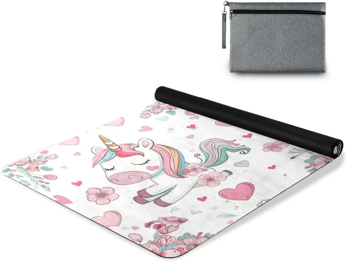ALAZA Cute Unicorn with Flowers and Hearts Yoga Mat Non Slip Fitness Exercise Mat, Workout Mat for Yoga, Pilates and Floor Exercises