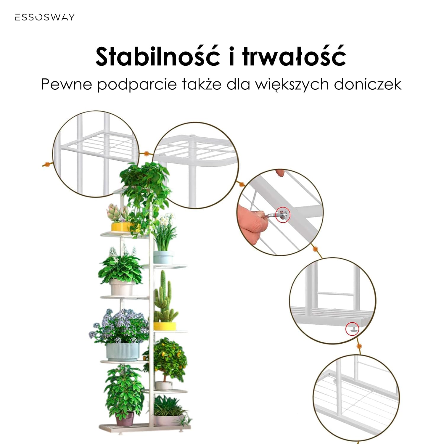 Stojak na Rośliny do Wewnątrz - Kwietnik Stojący Metalowy - 8-poziomowy - Nowoczesny - 142 cm - Biały
