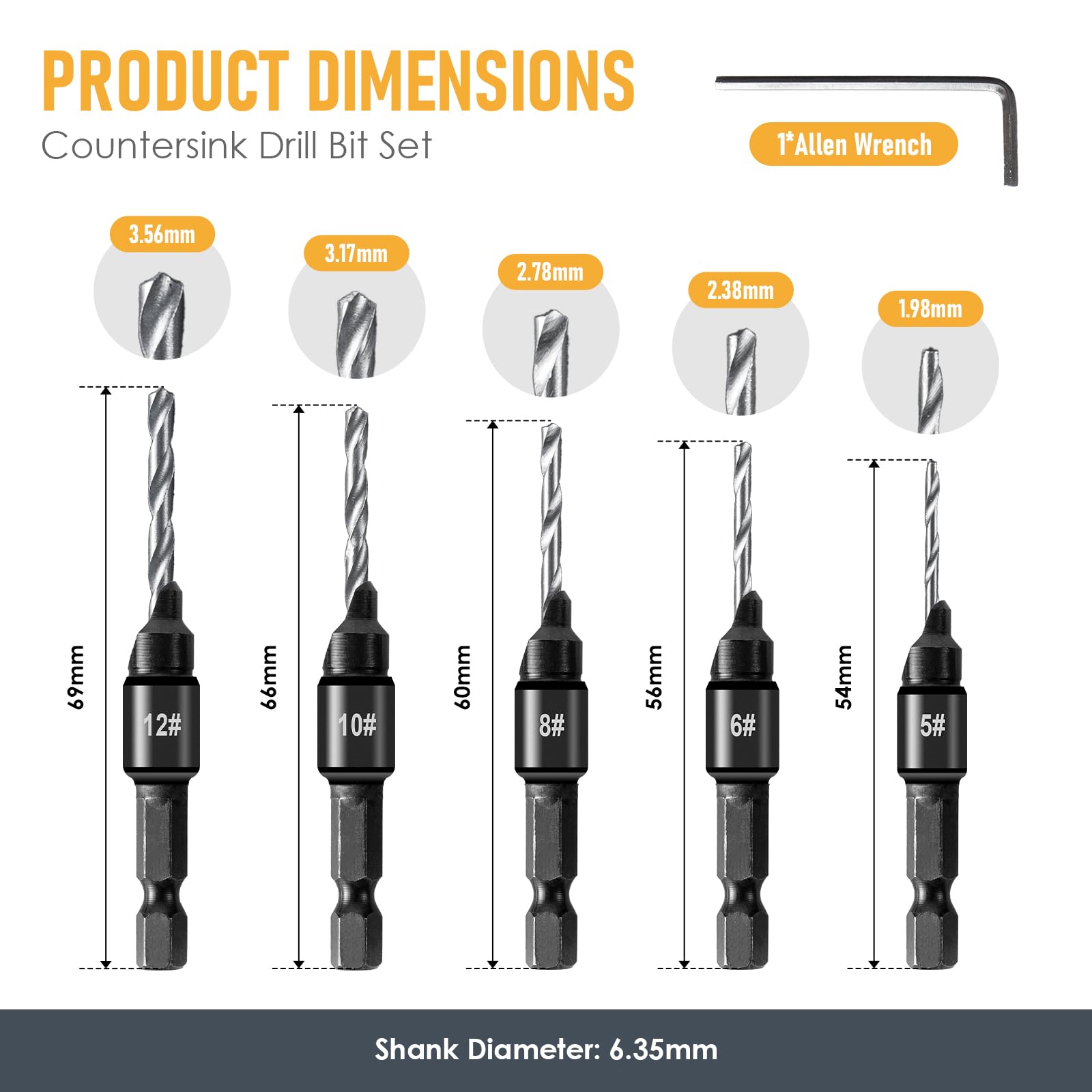 6 PCS Countersink Drill Bit Set, 5 PCS Quick Change 1/4inch Hex Shank Countersink Bit, 1 PCS Hex Wrench - Image 2