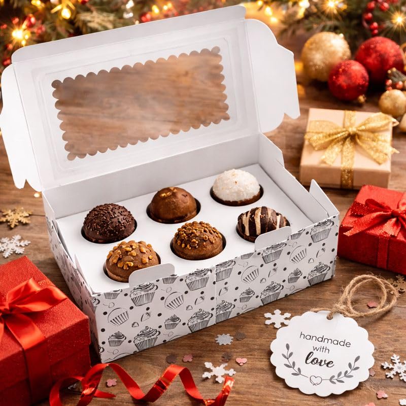 Image of mudrit Cupcake Boxes with Insert Trays (Pack of 10), Cupcake Carrier, Food Grade Bakery Boxes with Windows to fit 6 Cupcakes, Muffins or Pastries (White)
