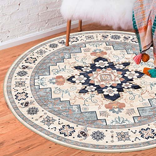 U'artlines Super Soft Boho Tribal Vintage Round Rug 4Ft Farmhouse Non-Shedding Living Room Carpet, Machine Washable Circle Area Rug For Bedroom Porch Entryway (Beige) #TOP7