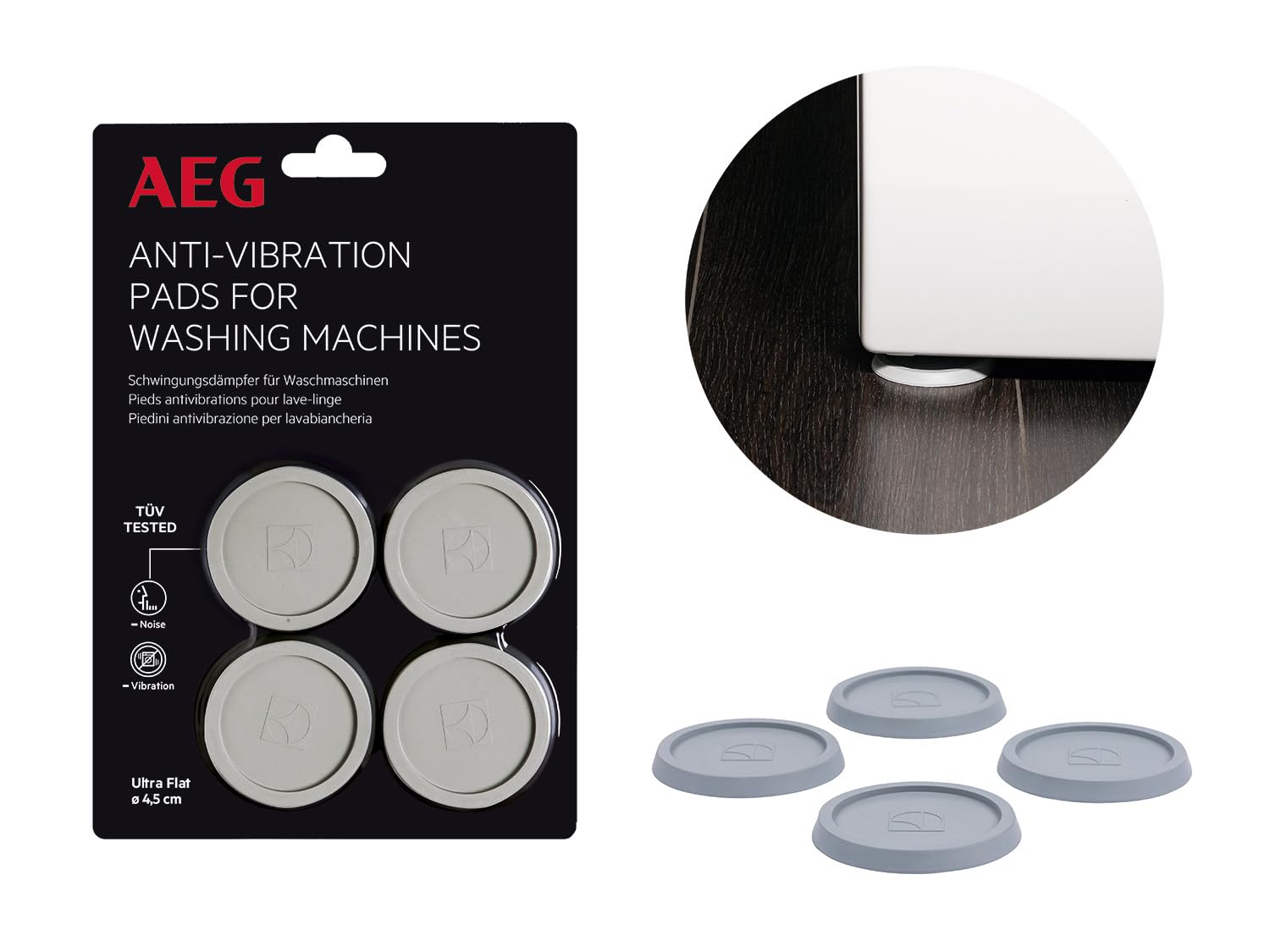 AEG Schwingungsdämpfer für Waschmaschinen TÜV geprüft, Antivibrationskissen reduzieren Geräusche & Vibrationen, Verbesserung der Gerätestandhaftigkeit, 4-teiliges Set, Gummipads, COCDAMPER, Ø 4,5 cm
