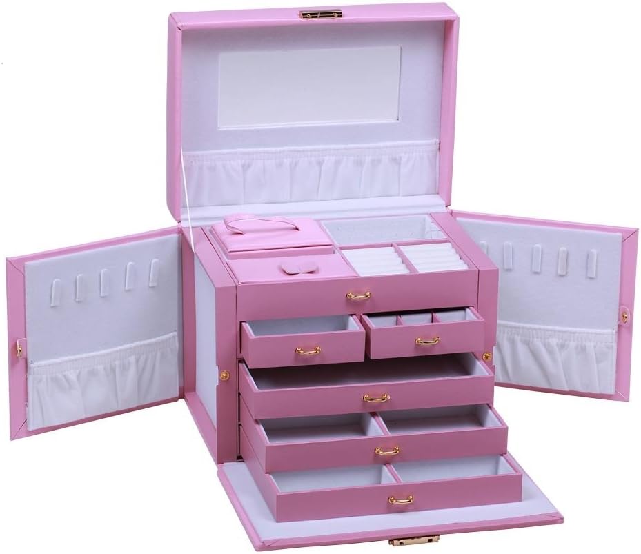 SHINING IMAGE HUGE PINK LEATHER JEWELRY BOX / CASE / STORAGE / ORGANIZER WITH TRAVEL CASE AND LOCK