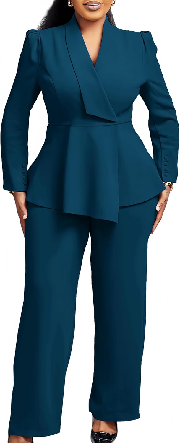 Women Suit Jacket 2 Piece Ruffle Blazer with Wide Leg Pants Suit Long Sleeve Business Casual Outfits