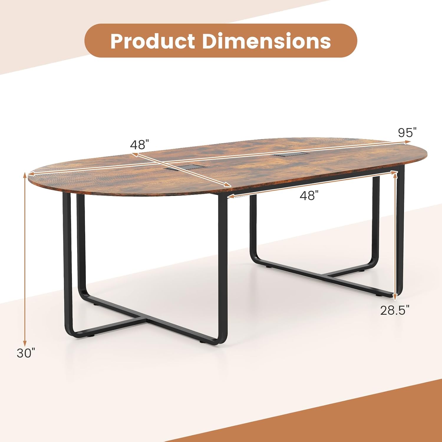 Tangkula 95" Conference Table, Large Oval Meeting Table for 10-12, 2 Cable Management Grommets, Sturdy Metal Legs, Industrial Business Training Seminar Table for Office Conference Room (Rustic Brown)
