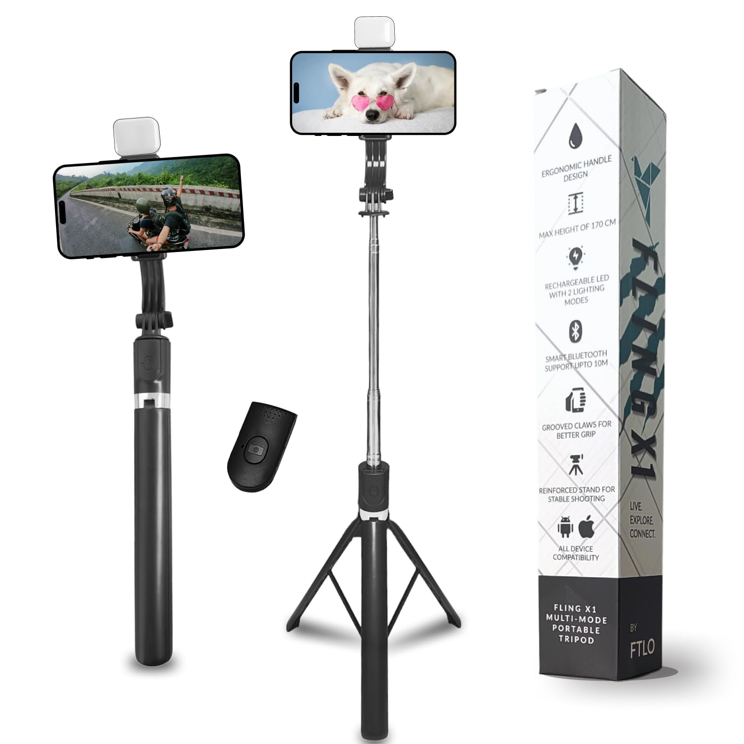 FLING by FTLO™ X1 Long Selfie Stick Tripod for Mobile Phone, Bright Dual LED Fill Light, 170CM/67 Reinforced Stand, Bluetooth Remote, Photo Video Vlogging Travel, for GoPro, Android, iPhone