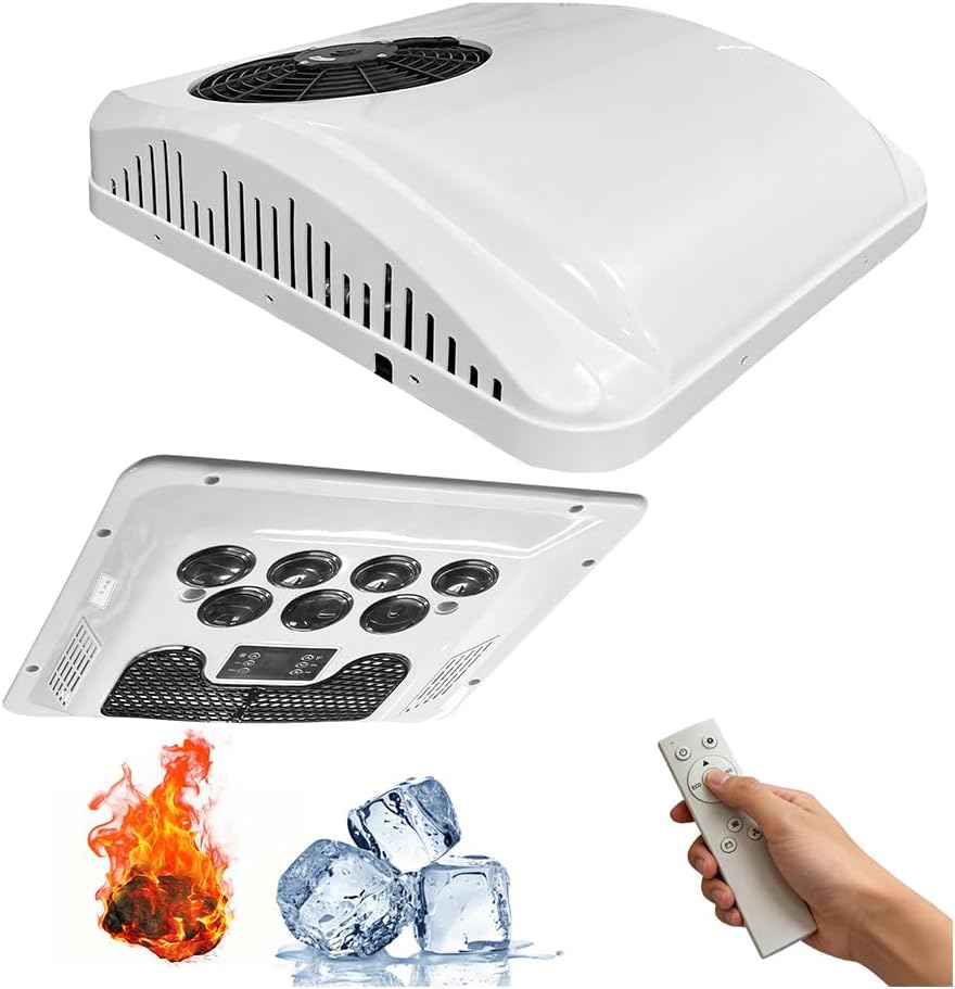 12V RV Air Conditioner with Heater& Cooling, 10000 BTU Quiet Camper AC Unit, 12 Volt Van Rooftop A/C Units, Cooling & Heating for Sleeper Truck, Trailer, Fifth Wheel, Motorhome, Crane Tractor