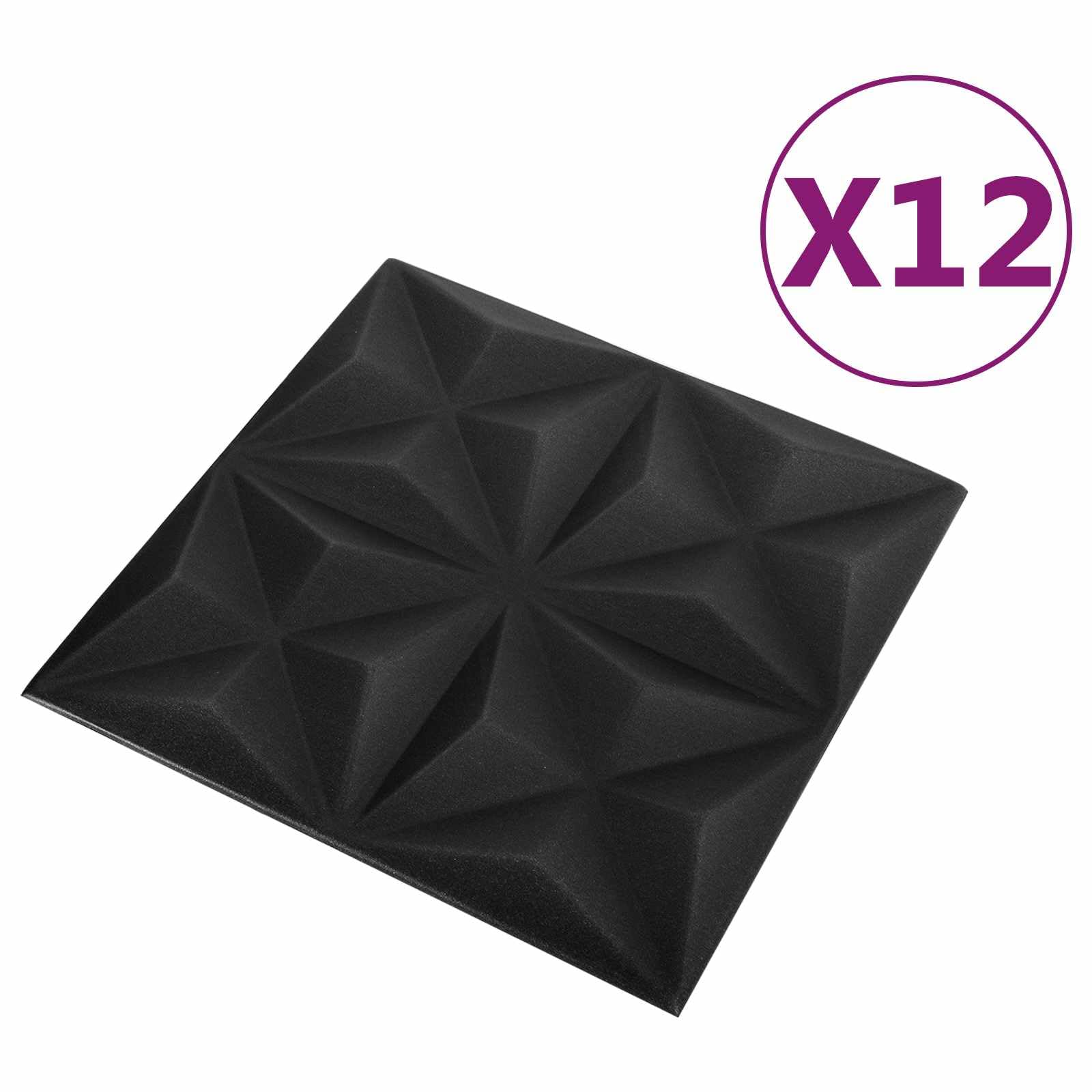 Origami panele ścienne, 12 sztuk, czarne, 50 x 50 cm, pianka XPS | Lekki materiał, "zrób to sam", efekt 3D, do sypialni i salonu, łatwy w utrzymaniu