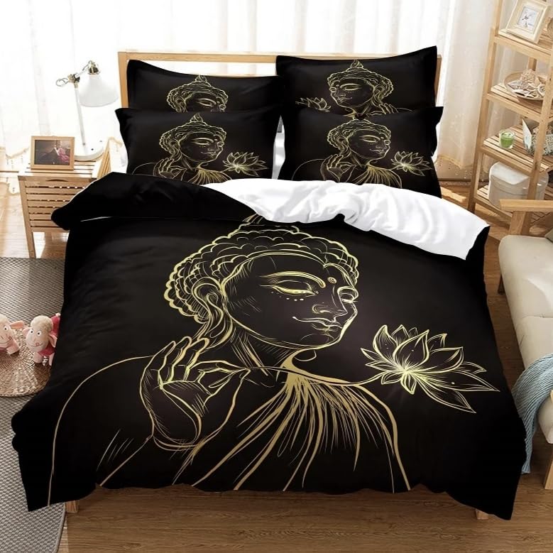 Housse de couette 140x200 bouddha doré en microfibre 110g/m² avec 2 taies d'oreiller
