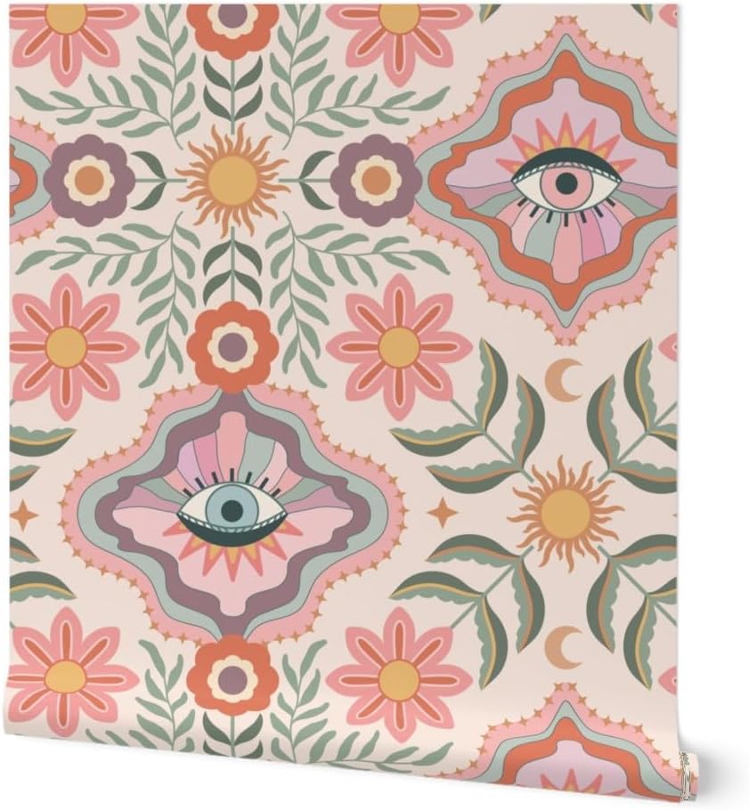 Removable Wallpaper 6ft x 2ft - Boho Floral Retro Eyes Teen Girly Tween Folk Flowers Bohemian Feminine Kids Sun Botanical Custom Pre-Pasted Wallpaper by Spoonflower