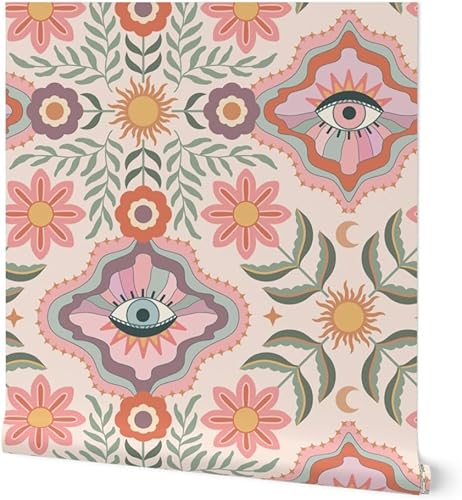 Spoonflower Papel tapiz autoadhesivo de 12 x 2 pies Boho Floral Retro Eyes Teen Girly Tween Folk Flowers Bohemian Femenine Kids Sun Botanical