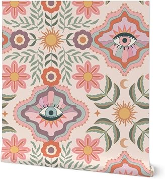 Spoonflower Boho Floral Retro Peel and Stick Wallpaper | Roll 24" x 144" | Feminine Kids Sun Botanical Wildflowers | Self-adhesive, removable and renter-friendly
