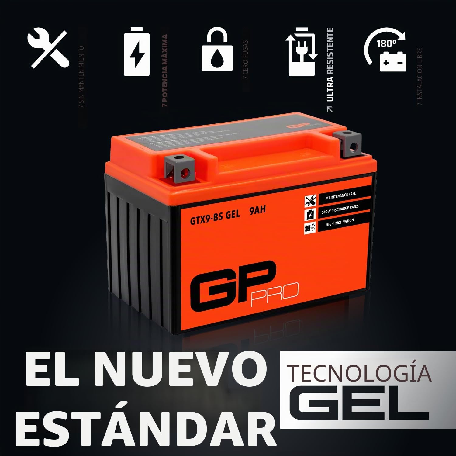 GP-PRO GTX9-BS - Batería de arranque para scooter y motos, 12V, 9Ah, parecido a YTX9-BS / 50812, sin necesidad de mantenimiento