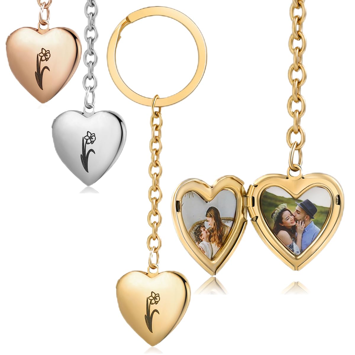 Gemszoo Unisex Birth Flower+2 Photo Personalized Photo Locket Keychain For Men Women Custom Engraved Birth Flower 2 Picture Lockets Keyring Memorial Gift For Christmas Birthday Valentines