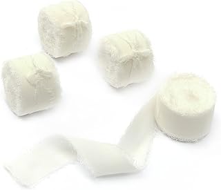 4 Rolls 1" W x 5Yd Cream Handmade Fringe Chiffon Silk Ribbon, Frayed Edges Ribbon for Wedding Invitations, Bridal Bouquets, Gifts Wrapping, DIY Crafts,Bow Making(1" x20Yd Cream)