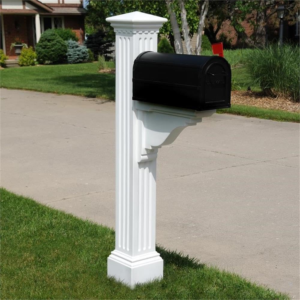 Pemberly Row Weatherproof Plastic Mail Post, 58" H x 9" W x 26" D, White Finish, Fluted Design, UV-Resistant Polyethylene Resin, Holds Up to 16 lb Mailbox, Traditional Style for Residential or