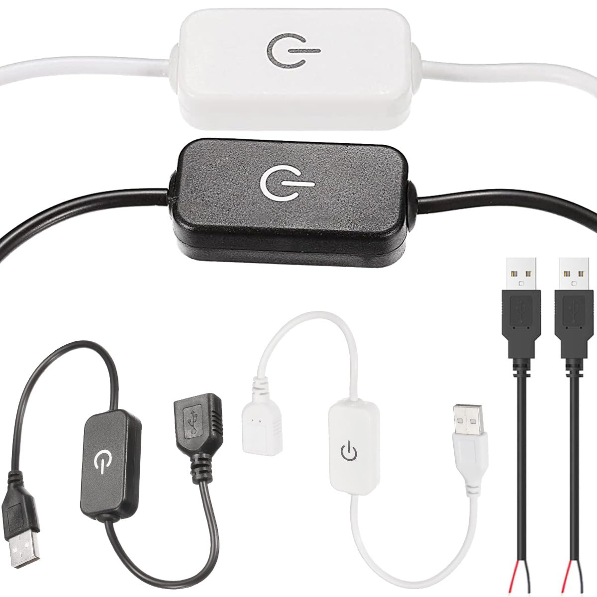 2 pcs usb LED Dimmer LED Touch Inline Dimmer 5V 3A Cord Tact Switch Controller Black and White with Two-Core USB Male Cable for Single Color Emitting Diode Strip Light