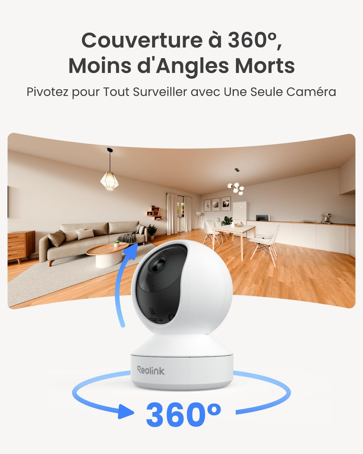 Reolink 4MP Interieur Caméra Surveillance WiFi – Vue à 360°, Suivi Automatique, Détection IA (Personne/Animal/Pleurs), Audio Bidirectionnel, Vision Nocturne, Mode Privé, sans Abonnement – ​​E1