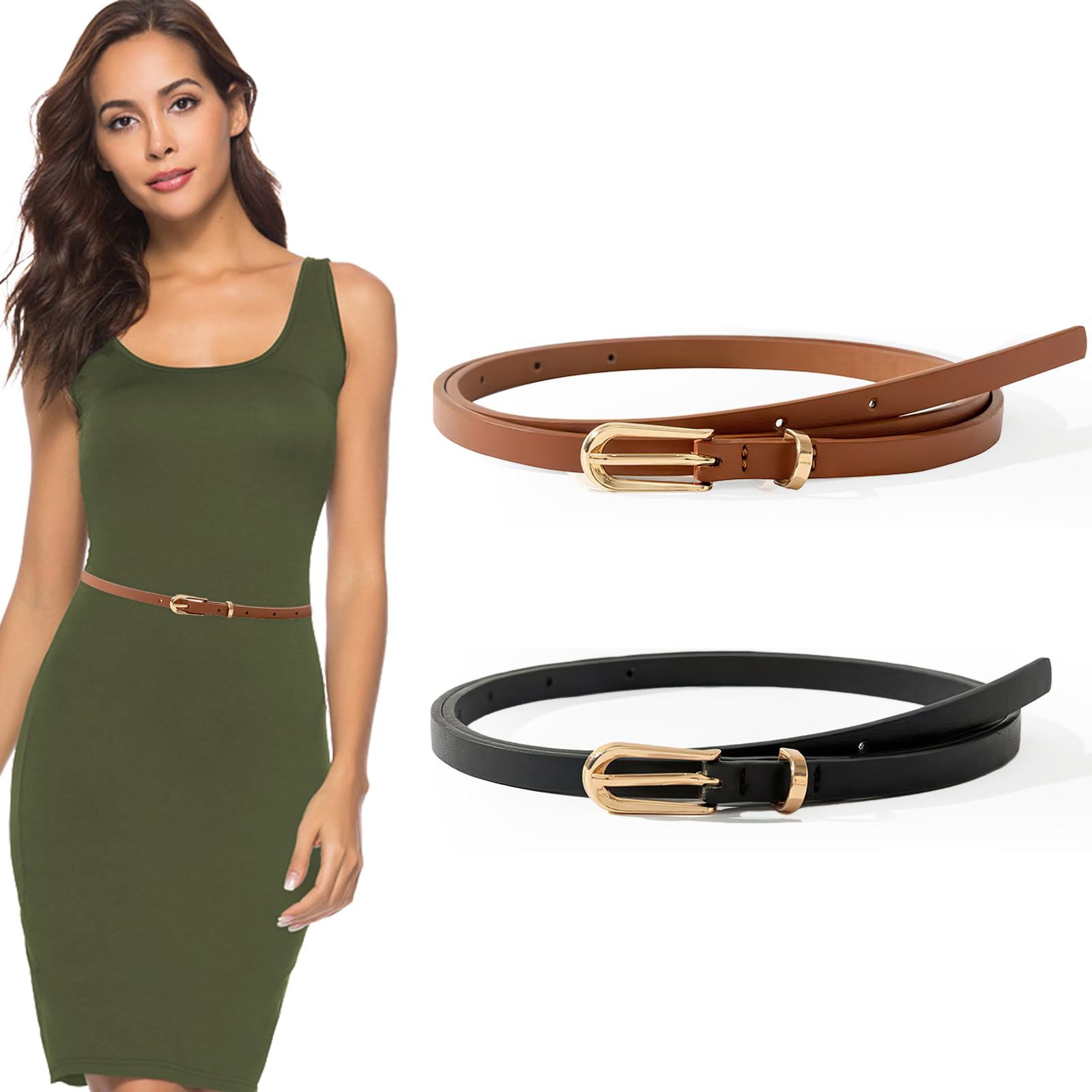 CoolShef Thin Belt for Women – Adjustable Skinny Leather Waist Belt for Formal Pants, Jeans, and Dresses with Fashion Buckle – Black & Camel, 2 Pack