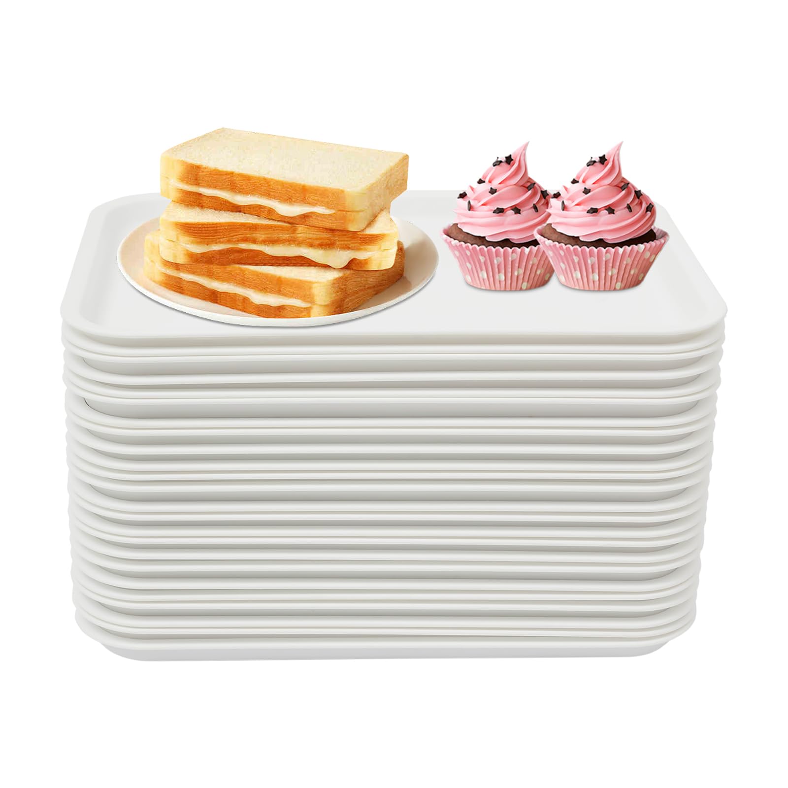 Pack of 24 Stackable Serving Trays, Non-Slip Commercial Restaurant Cafeteria Trays, Fast Food Dishes, Dishwasher Safe, White