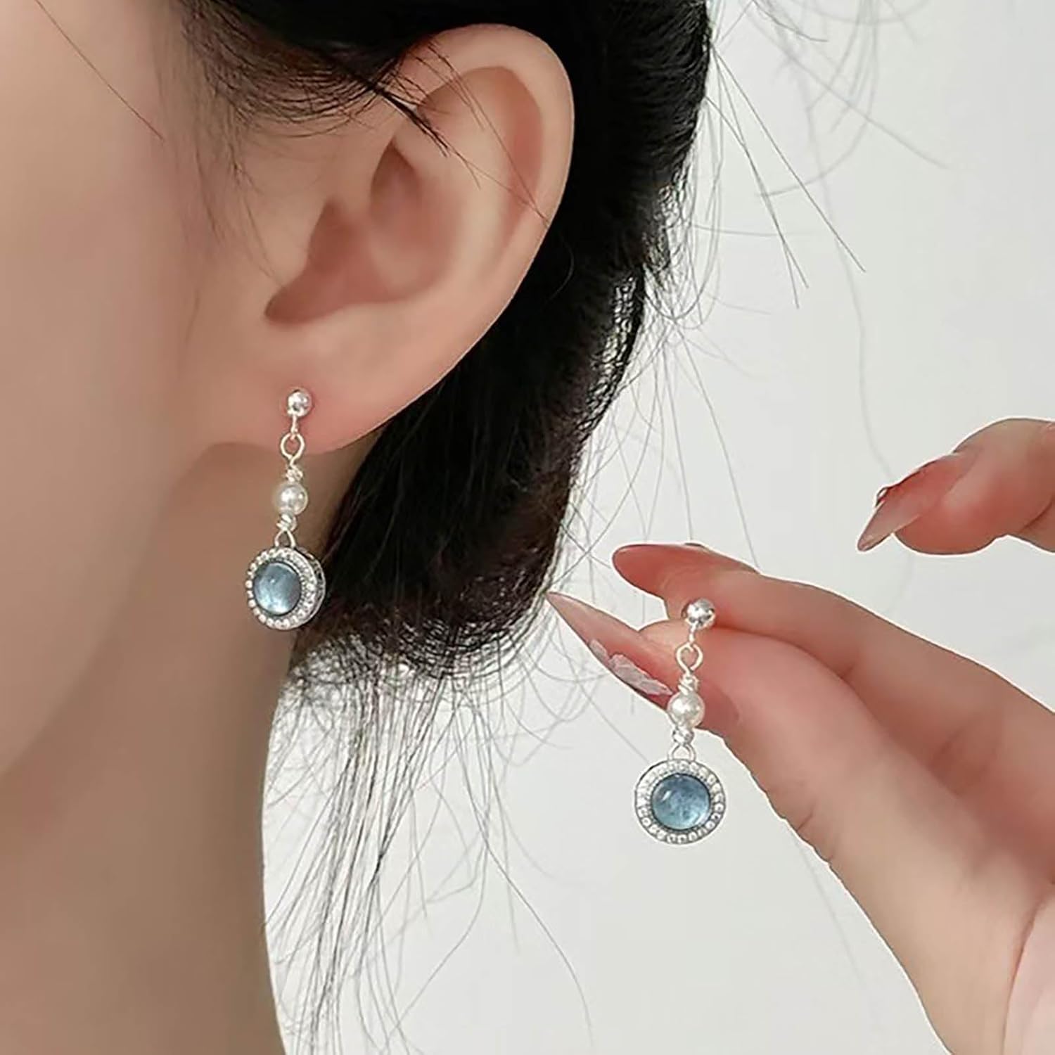 Bohemian Sapphire Pearl Dangle Earrings Blue Topaz Drop Earrings Round Pearl Crystal Stud Earrings Blue Gemstone Pearl Earrings Jewelry for Women - Image 5