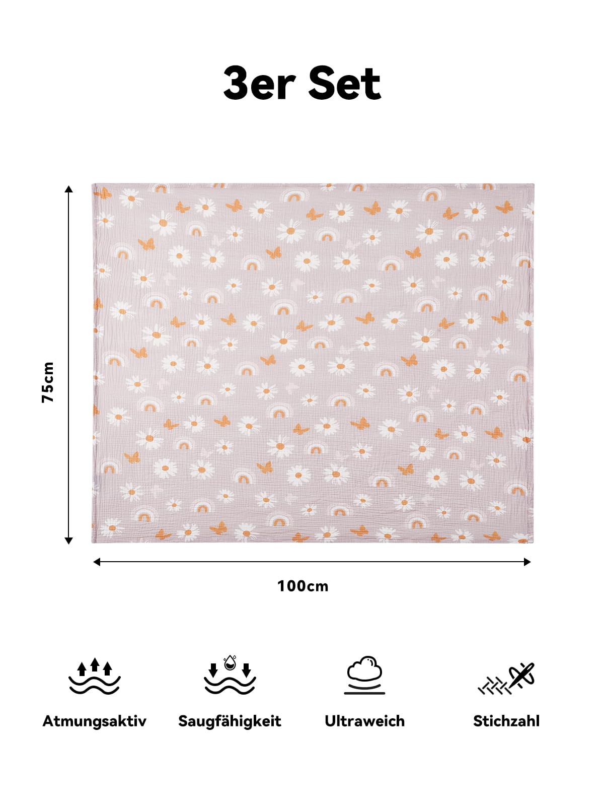 TILLYOU 3er Set Musselintücher Baby Pucktuch 75x100 cm Musselin Decke Baby Pucktücher 100% Baumwolle Babydecke, Rosa Schmetterling
