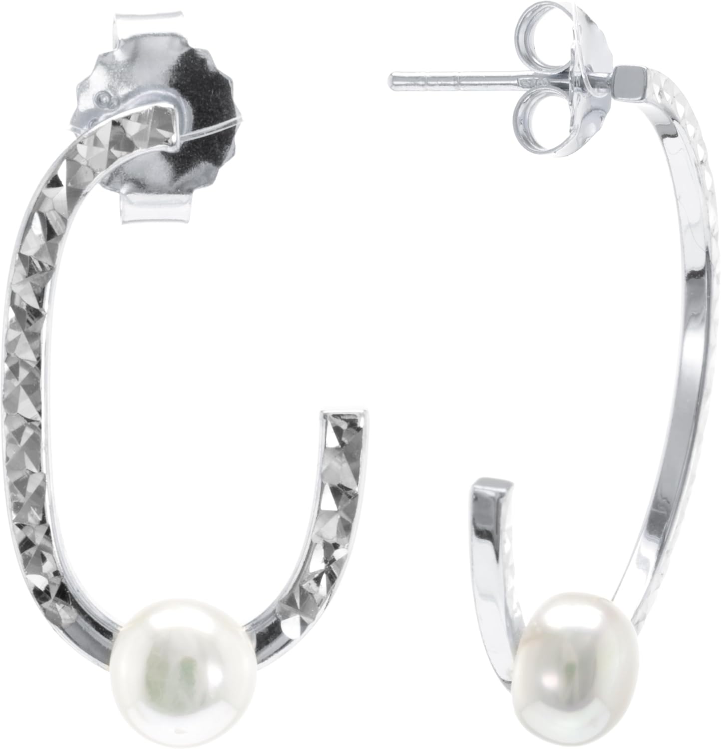 Judy Crowell Jewelry Sterling Silver and Rhodium Diamond Cut Rectangle J Hoop Earrings with Freshwater Pearl