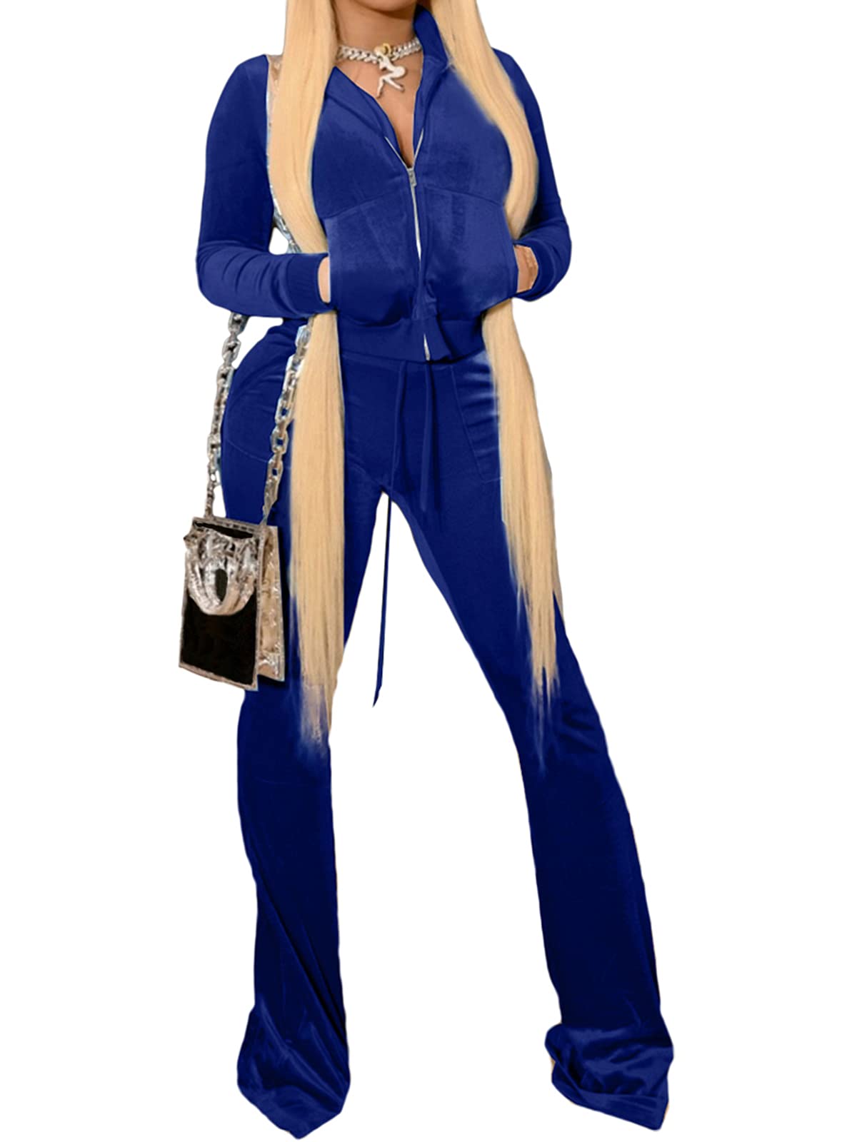 Womens Velvet Piece Outftis Long Sleeve Zipper Sweatshirt Bell